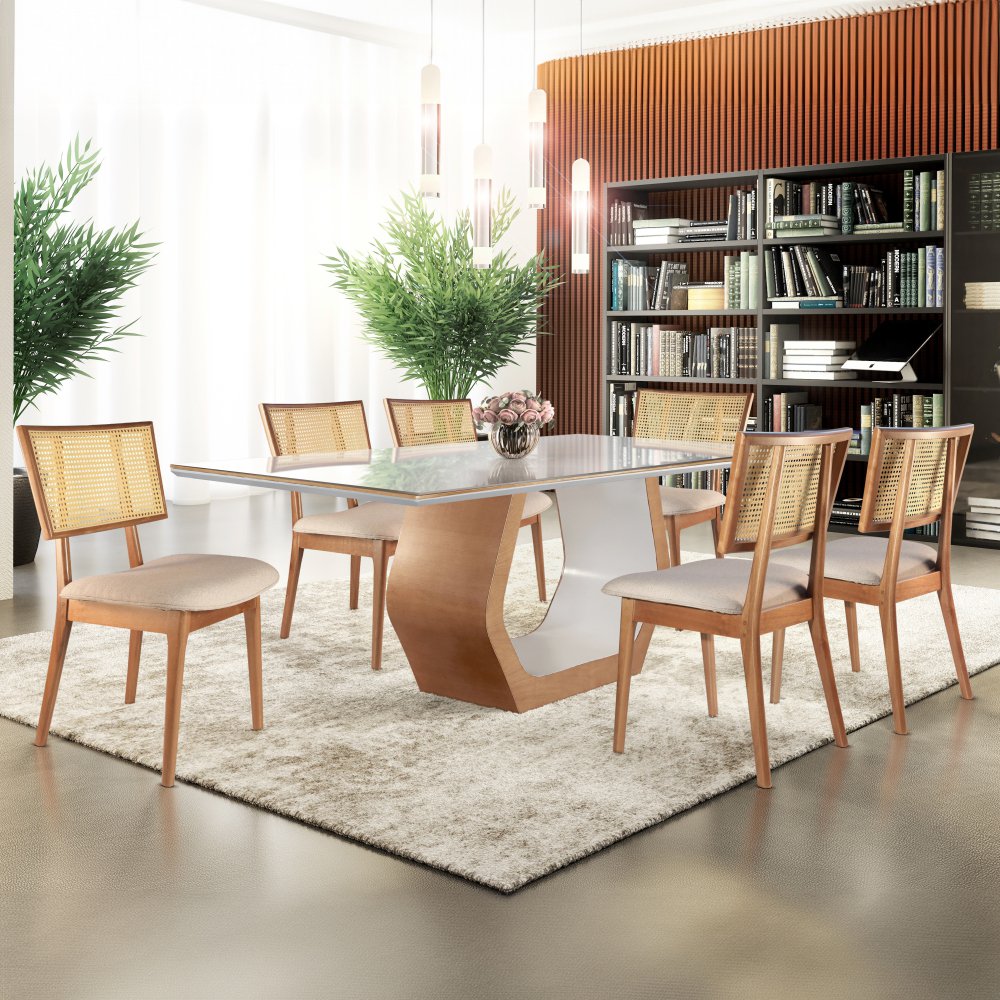Conjunto Mesa Cristal 1800x900cm com 6 cadeiras Madeira Maciça com Rattan Natural e Estofada Livia  - 1