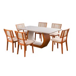 Conjunto Mesa Cristal com 6 cadeiras de Madeira Maciça, Rattan de Fibra 100% Natural e Estofada Livia Authentic - 3