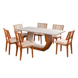 Conjunto Mesa Cristal com 6 cadeiras de Madeira Maciça, Rattan de Fibra 100% Natural e Estofada Livia Authentic - 2
