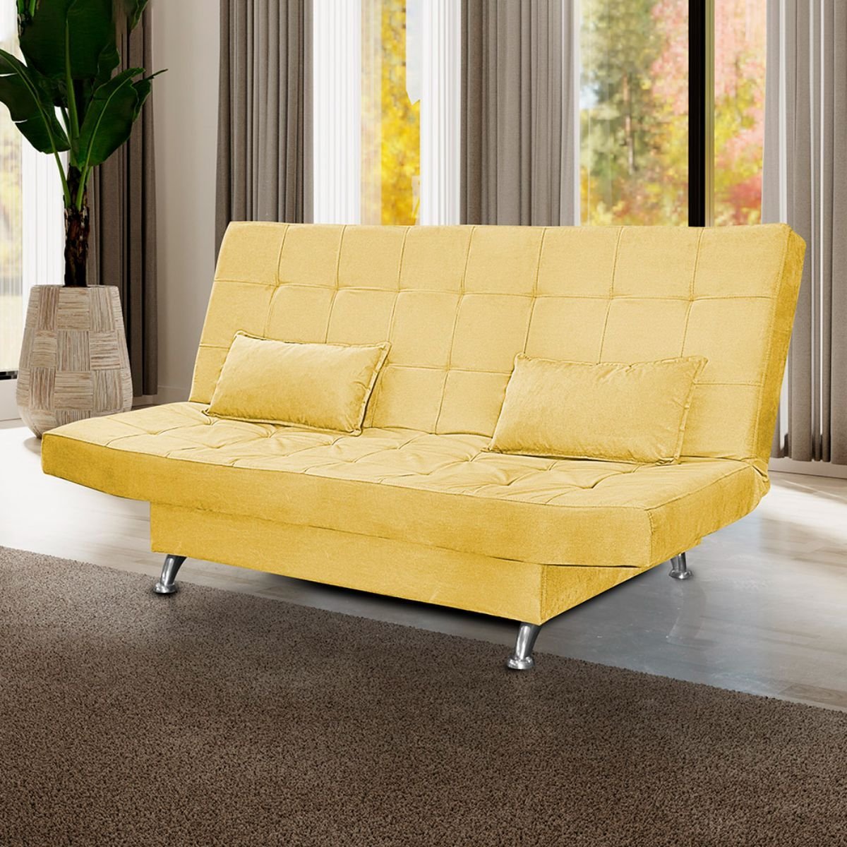 Sofá Cama Casal com Almofadas Gabriella Suede Amarelo - 2