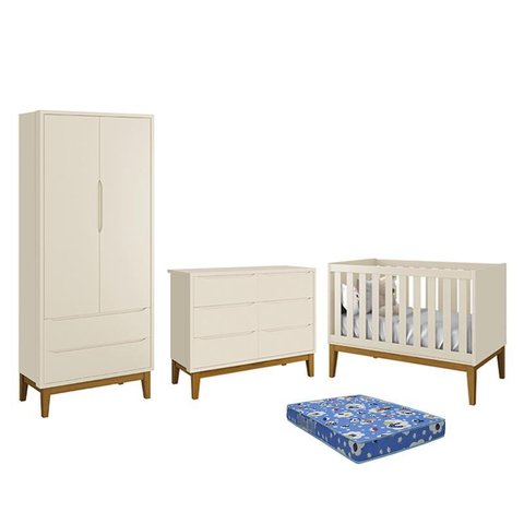 Dormitório Infantil Classic 2 Portas, Cômoda 6 Gavetas, Berço Areia Fosco com Pés Amadeirado e