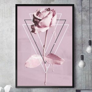 Quadro Decorativo Flor Rosa Derretendo e Triângulos Minimalista-24x34Cm