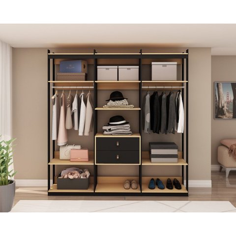 Conjunto Closet 3 Modulado COM1 Cabideiro e 4 Gavetas com Puxador em Courino Bege/Freijó/Preto