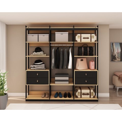 Conjunto Closet Industrial 3 Modulado com 1 Cabideiro e 4 Gavetas com Puxador em Courinho Bege/Freij