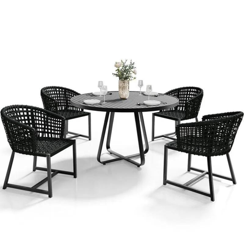 Jogo de Mesa Ripada 1,00m Aluminio com 4 Poltronas Corda Nautica Área Externa e Interna