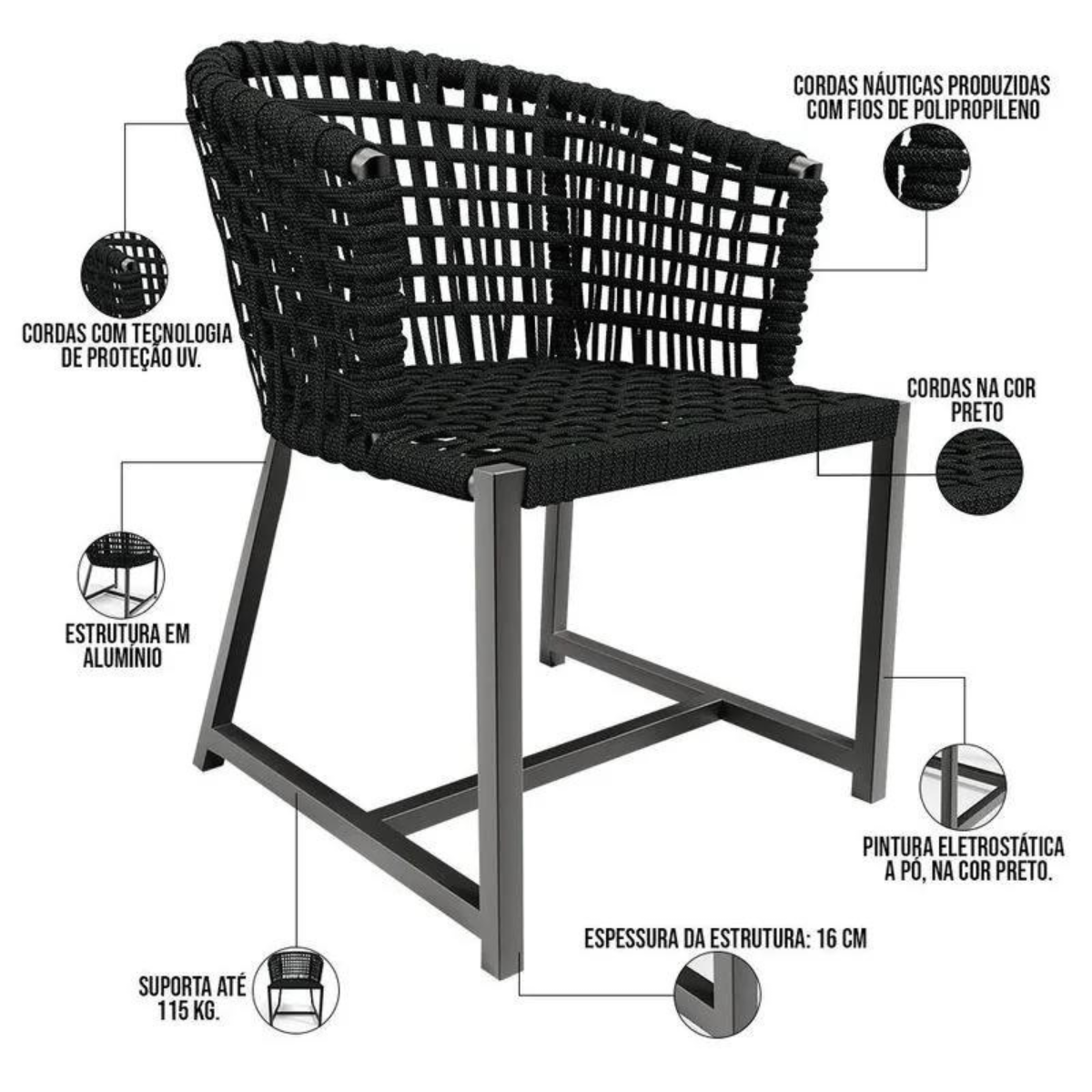 Jogo de Mesa Ripada 1,00m Aluminio com 4 Poltronas Corda Nautica Área Externa e Interna - 10