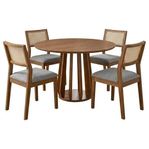 Mesa de Jantar Redonda Pitanga com 4 Cadeiras Estofadas Tamarindo Linho Cinza Natuem