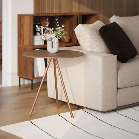 Mesa Lateral Decorativa Gabriela Base Cobre Tampo Redondo Amêndoa