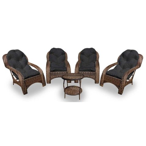 Conjunto de Poltronas Fibra Sintética Espreguiçadeira - 4 Poltronas + 1 Mesa Centro - Tecido Duna Pr