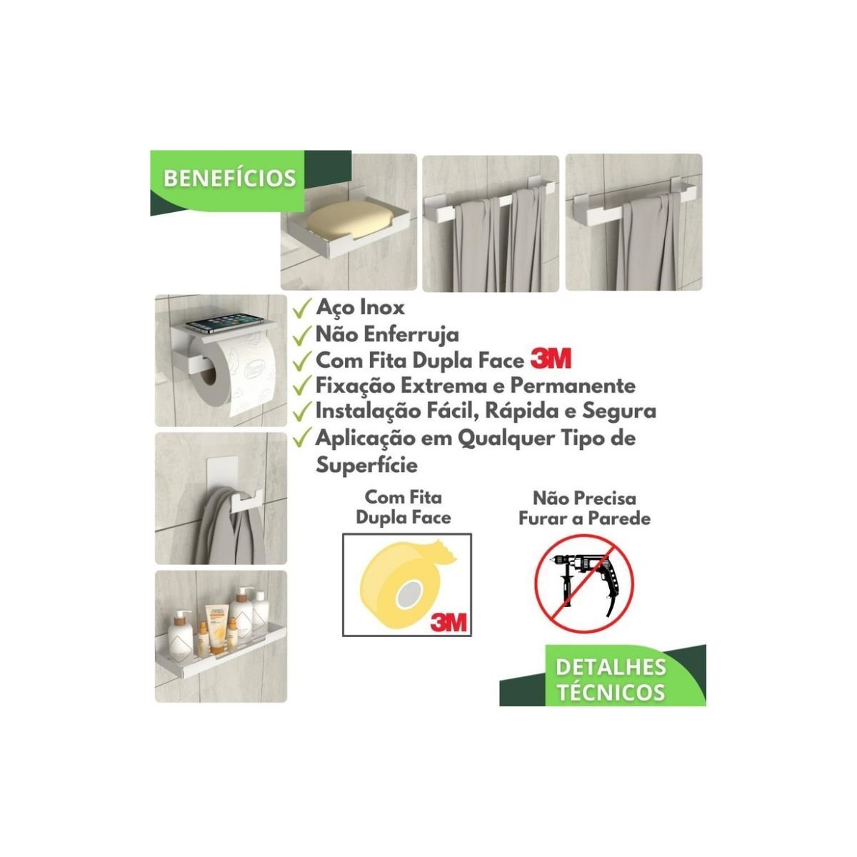 Kit de Acessórios para Banheiro C/adesivo 6 Pcs Branco F.elg - 5