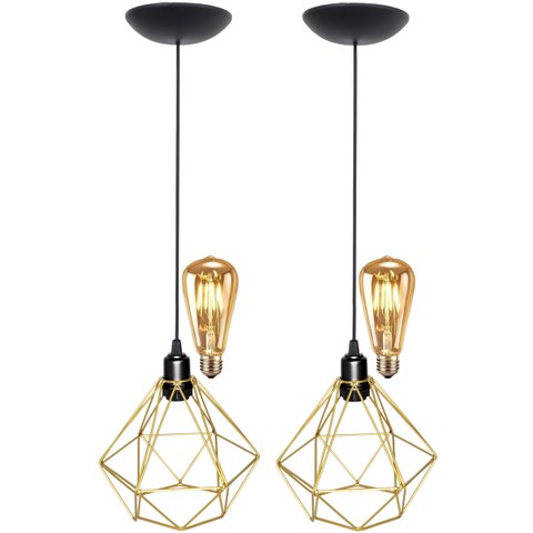 2 Pendentes Aramado Teto Diamante Luminária Lustre Retrô Balcão + Lâmpada Led ST64 Vintage