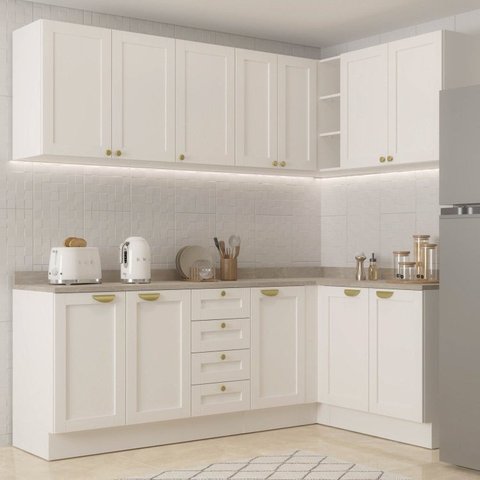 Cozinha Modulada 6 Peças 3 Armários Aéreos e Nichos, 3 Balcões CabeCasa MadeiraOriginals Branco