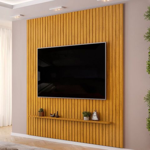Painel Ripado para TV 75 pol Sala Quarto 250x240cm Lexa D05 Cedro - Lyam Decor