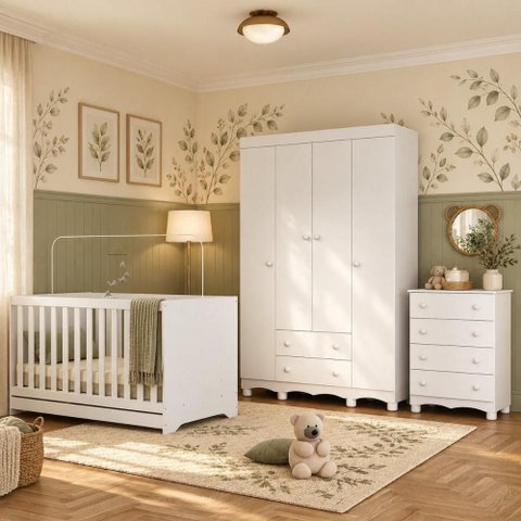 Quarto de Bebê Completo com Berço Americano 3 em 1 p/Colchão 130x70cm Flor Multimóveis MP4938