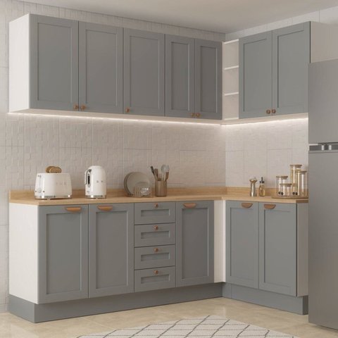 Cozinha Modulada 6 Peças 3 Armários Aéreos e Nichos, 3 Balcões CabeCasa MadeiraOriginals Cinza/Branc