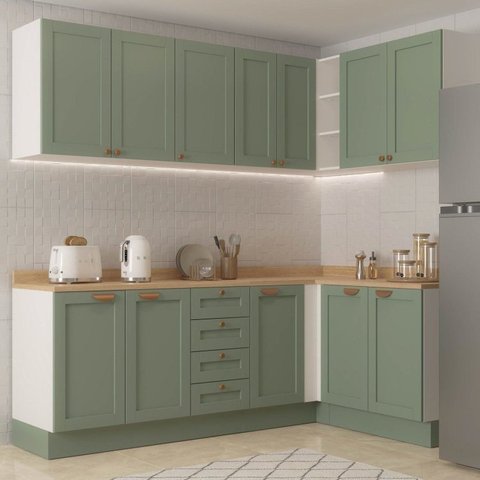 Cozinha Modulada 6 Peças 3 Armários Aéreos e Nichos, 3 Balcões CabeCasa MadeiraOriginals Verde/Menta