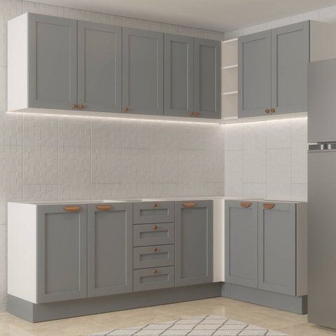 Cozinha Modulada 6 Peças sem Tampo 3 Armários Aéreos e Nichos, 3 Balcões CabeCasa MadeiraOriginals C