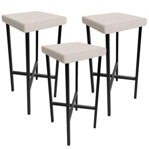 Kit 03 Banquetas Alta Bar Cozinha Sala de Jantar Preto Stella L02 Linho Cru - Lyam Decor