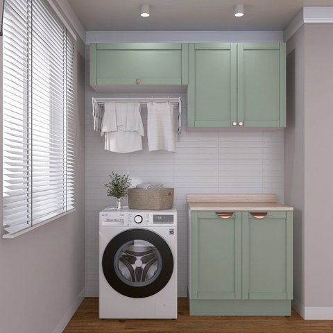 Lavanderia Modulada 3 Peças 2 Armários Aéreos 3 Portas 1 Balcão Arizona CabeCasa MadeiraOriginals Verde/Menta/Branco