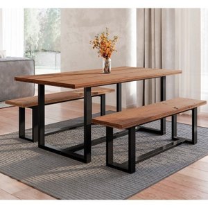 Conjunto de Jantar Mesa 210cm com 2 Bancos Rústico Industrial Lumber CabeCasa MadeiraMadeira