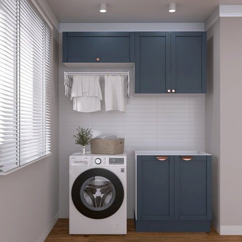 Lavanderia Modulada 3 Peças sem Tampo 2 Aéreos 3 Portas 1 Balcão Arizona CabeCasa MadeiraOriginals Azul/Branco