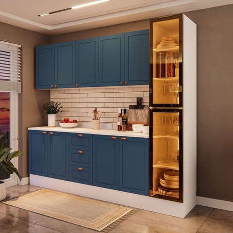 Cozinha Pérola com Rodapé 5 Peças com Cristaleira Yescasa Azul