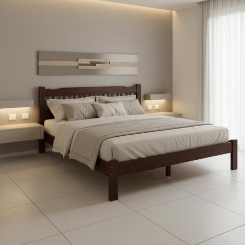 Cama King Pérola em Madeira Maciça Reforçada Cor Castanho
