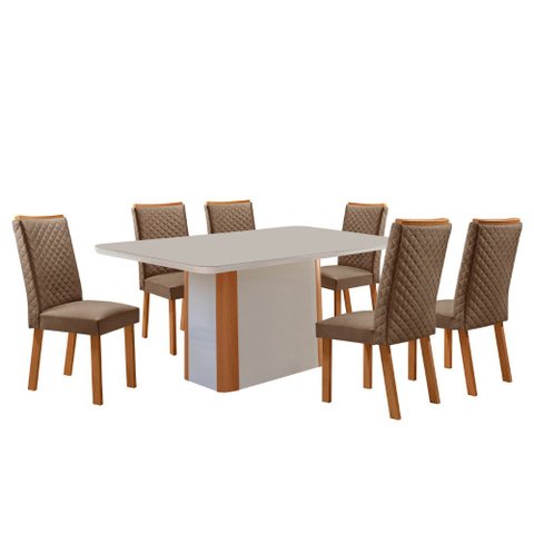 Mesa de Jantar Isadora 180cm Tampo MDF e Vidro Canto Copo com 6 Cadeiras Lira Moderna Mobília