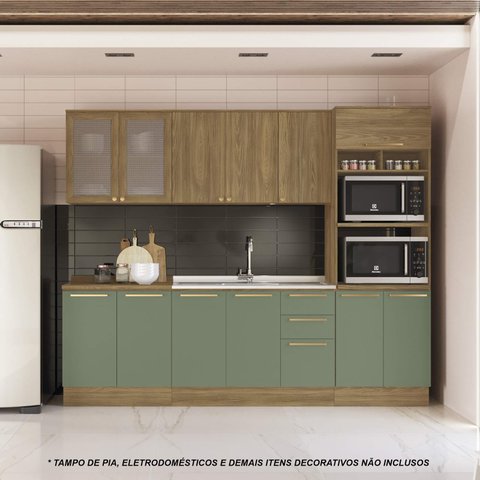 Armário de Cozinha Modulada Completa Reta 6 Peças 2,70m Botanic Kappesberg - Nogueira/verde Oliva
