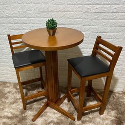 Conjunto Bistrô Fixo Mesa com 2 Banquetas Estofadas de Madeira Cor:mel - 2
