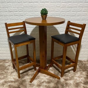 Conjunto Bistrô Fixo Mesa com 2 Banquetas Estofadas de Madeira Cor:mel