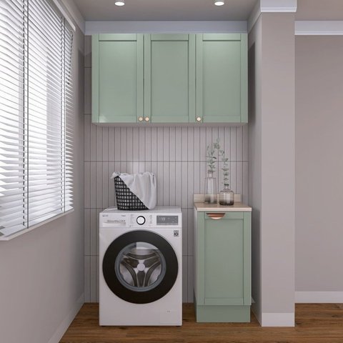 Lavanderia Modulada 2 Peças 1 Armário Aéreo 3 Portas 1 Balcão Arizona CabeCasa MadeiraOriginals Verde/Menta/Branco