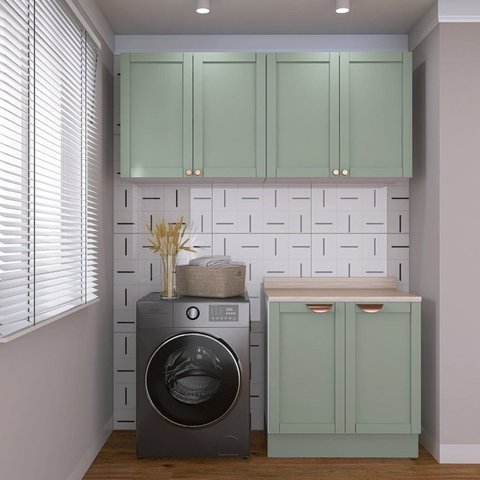 Lavanderia Modulada 3 Peças 2 Armários Aéreos 4 Portas 1 Balcão Arizona CabeCasa MadeiraOriginals Verde/Menta/Branco