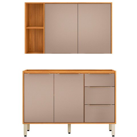 Kit Armário Aéreo e Balcão sem Tampo 2 Portas 120 cm Valena Cinamon/Nude