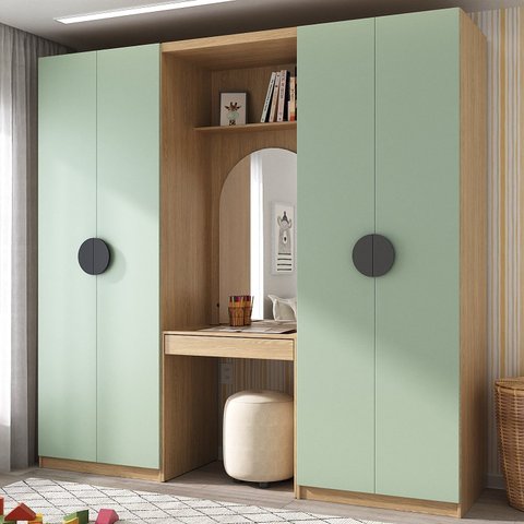 Guarda-Roupa Modulado Infantil 3 Peças 4 Portas com Espelho e LED Joy Kids CabeCasa MadeiraOriginals Verde/Avena