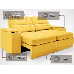 Sofá com Porta Copos e Carregador USB Eureka 1,70m Assento Retrátil e Reclinável Velosuede - 3