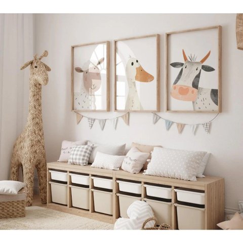 Kit 3 Quadros Decorativos Infantil - Fazendinha Brincalhona NO2 - 40x60 - Moldura Madeira