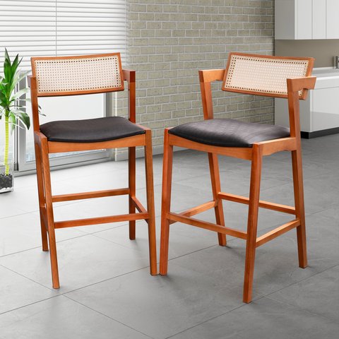 Kit 2 Banquetas Madeira Maciça, Estofada e Rattan de Fibra 100% Natural Nápoles Espresso Móveis Marrom/Champagne/Couro Preto