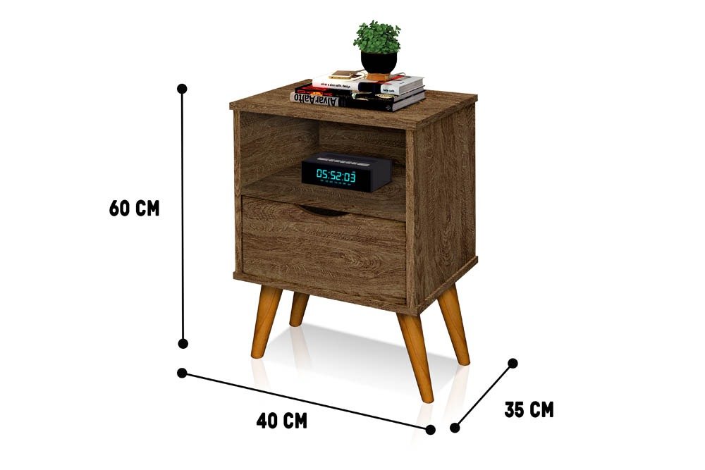 Mesa De Cabeceira Estilo Retrô Pés Em Madeira Maciça Grécia:Canela - 2