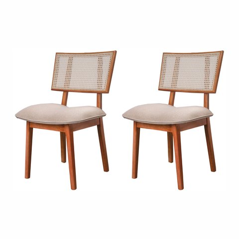 Kit 2 Cadeiras Madeira Maciça, Rattan de Fibra 100% Natural e Estofada Lívia Espresso Móveis Champagne/Linho Bege
