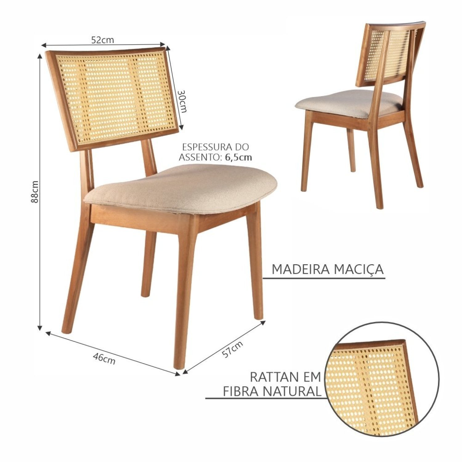 Conjunto com 4 Cadeiras Madeira Maciça com Rattan Natural e Estofada 88x57x46cm Livia  - 2