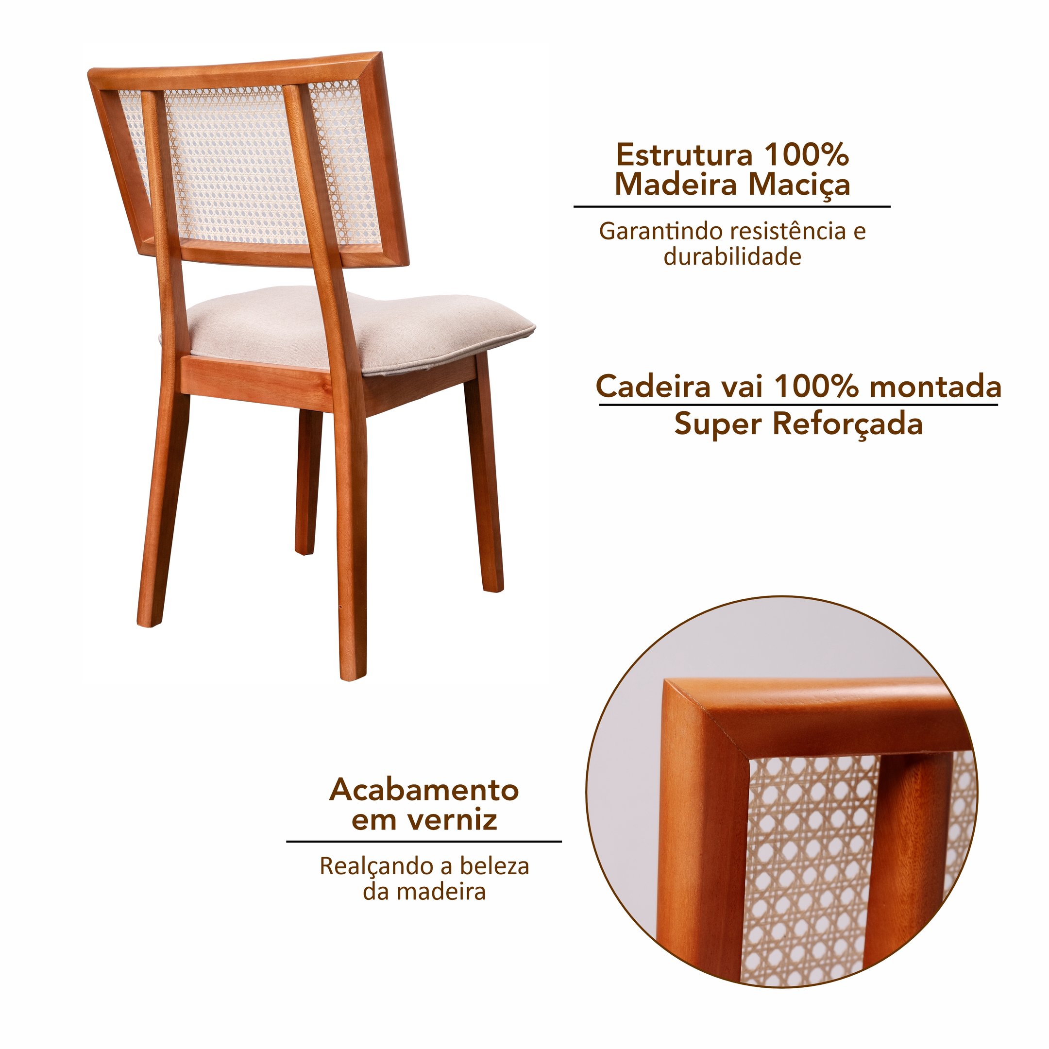 Conjunto de 4 cadeiras em Madeira Maciça, Rattan de Fibra 100% Natural e Estofada Lívia Authentic - 6