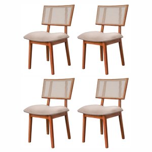 Conjunto de 4 cadeiras em Madeira Maciça, Rattan de Fibra 100% Natural e Estofada Lívia Authentic