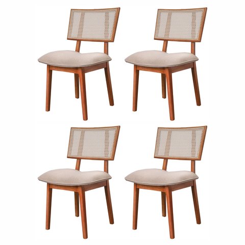 Kit 4 Cadeiras Madeira Maciça, Rattan de Fibra 100% Natural e Estofada Lívia Espresso Móveis Champagne/Linho Bege