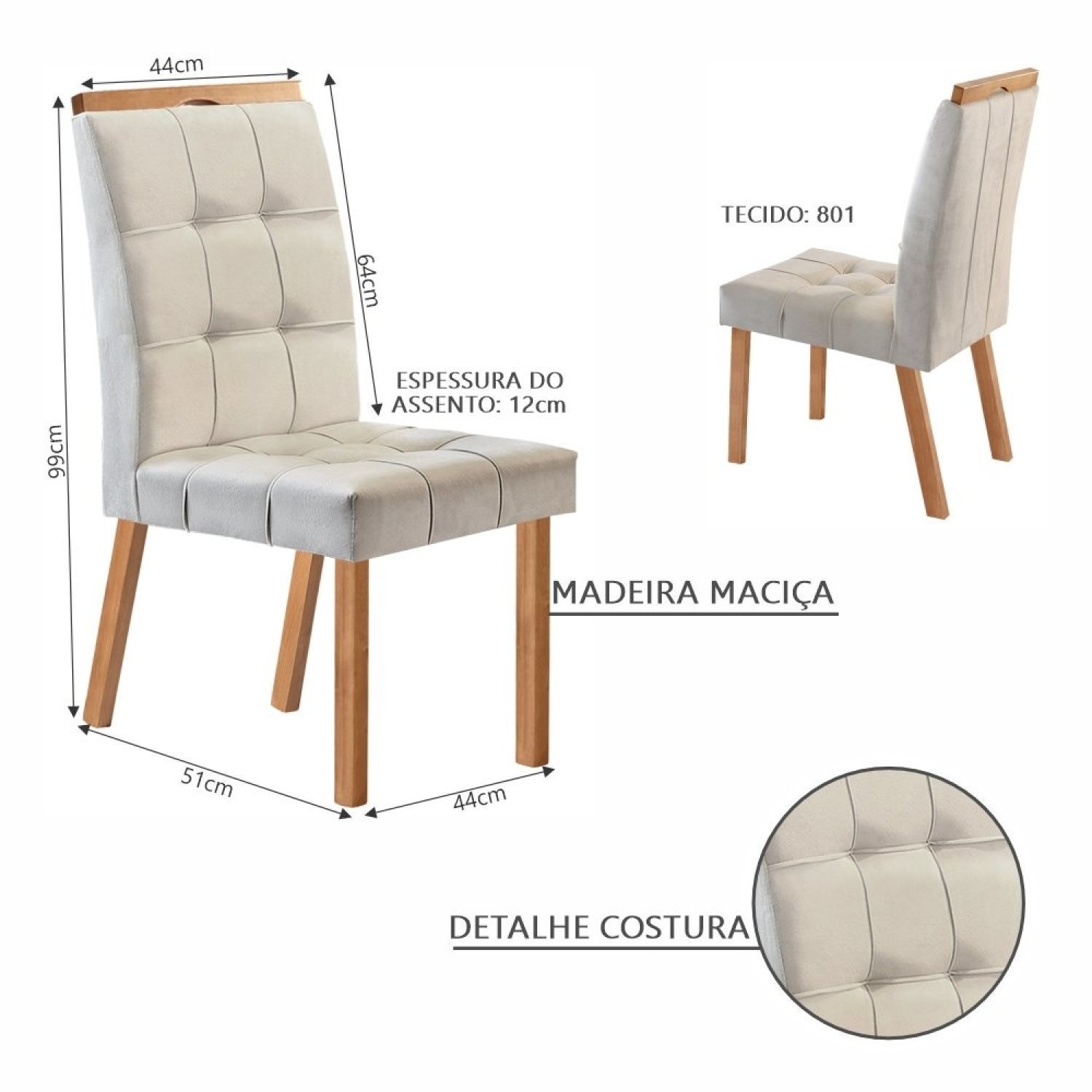 Conjunto com 4 Cadeiras Madeira Maciça e Estofada 99,5x45,5x74,5cm Sophia  - 2