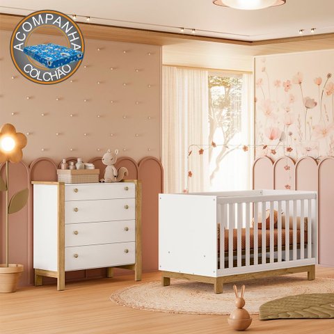 Quarto de Bebê com Berço 4315 Slim e Cômoda 5135 Flora Branco Acetinado Qmovi + Colchão Ortobom