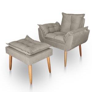 Poltrona Opala para Sala com Puff Reforçada Suede Bege