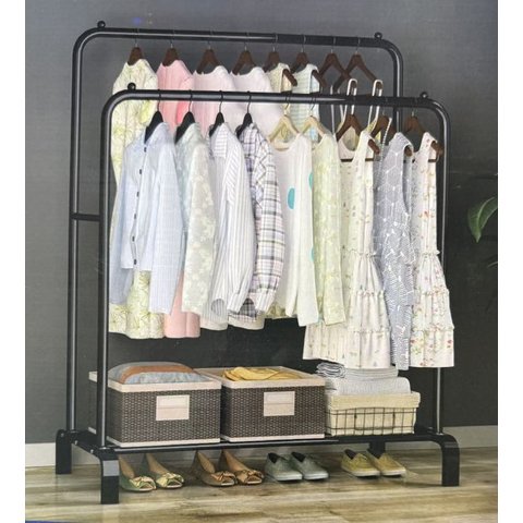 Arara de Roupas Duplo com Ganchos e Sapateiro Simples New Dy-110H Preto