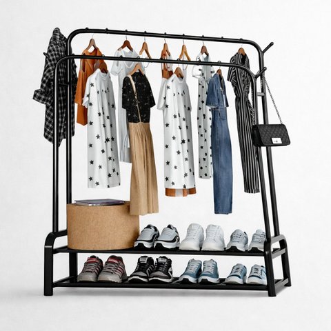 Arara de Roupas Duplo com Ganchos e Sapateiro Duplo Dy-110h Preto