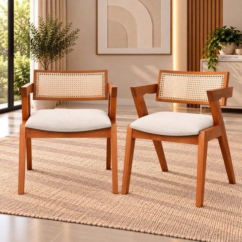 Kit 2 Cadeiras Madeira Maciça, Rattan de Fibra Natural e Estofada Verona Espresso Móveis